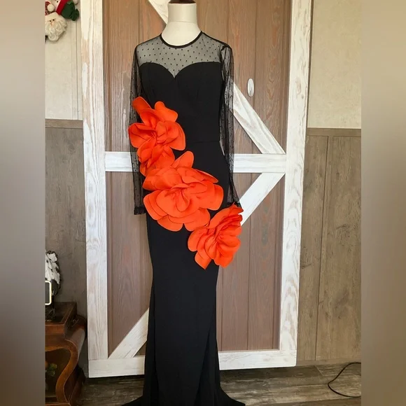 black glitter prom dress Juliet JT2909K Long Fitted Slit Formal Sequin Floral Prom Dress